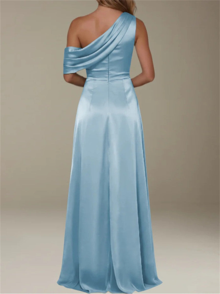 Sheath/Column One-Shoulder Pleated Sweep Train Silk Like Satin Corset Bridesmaid Dress