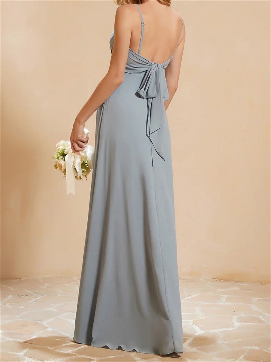 Sheath/Column Spaghetti Straps Ruffles Floor-Length Chiffon Corset Bridesmaid Dress