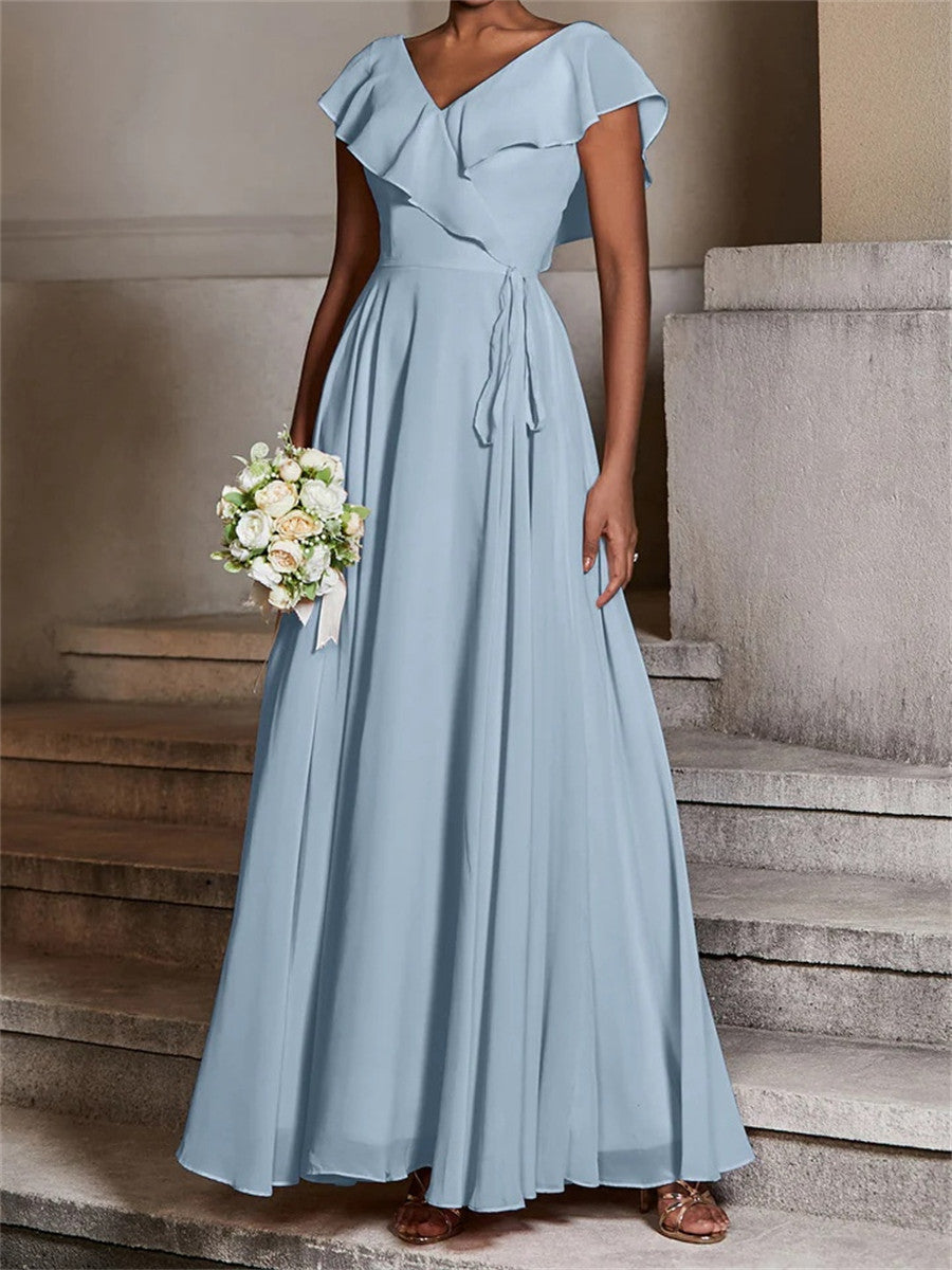 A-line/Princess V-neck Short Sleeves Ruffles Sweep Train Chiffon Corset Bridesmaid Dress