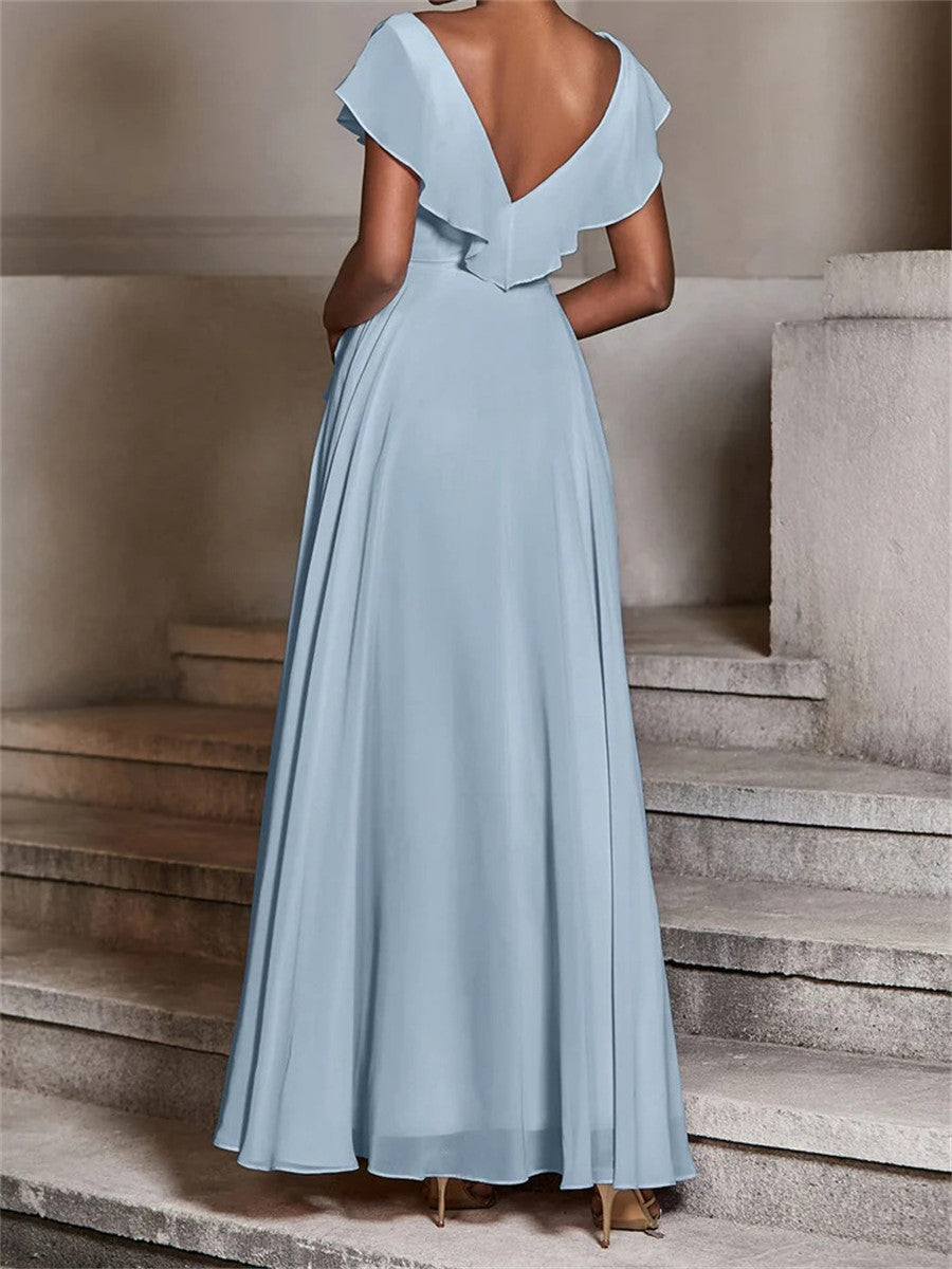 A-line/Princess V-neck Short Sleeves Ruffles Sweep Train Chiffon Corset Bridesmaid Dress