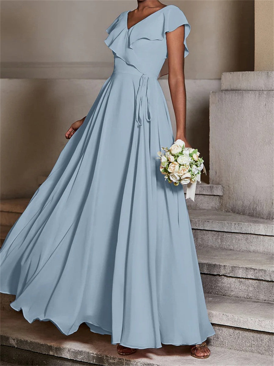 A-line/Princess V-neck Short Sleeves Ruffles Sweep Train Chiffon Corset Bridesmaid Dress
