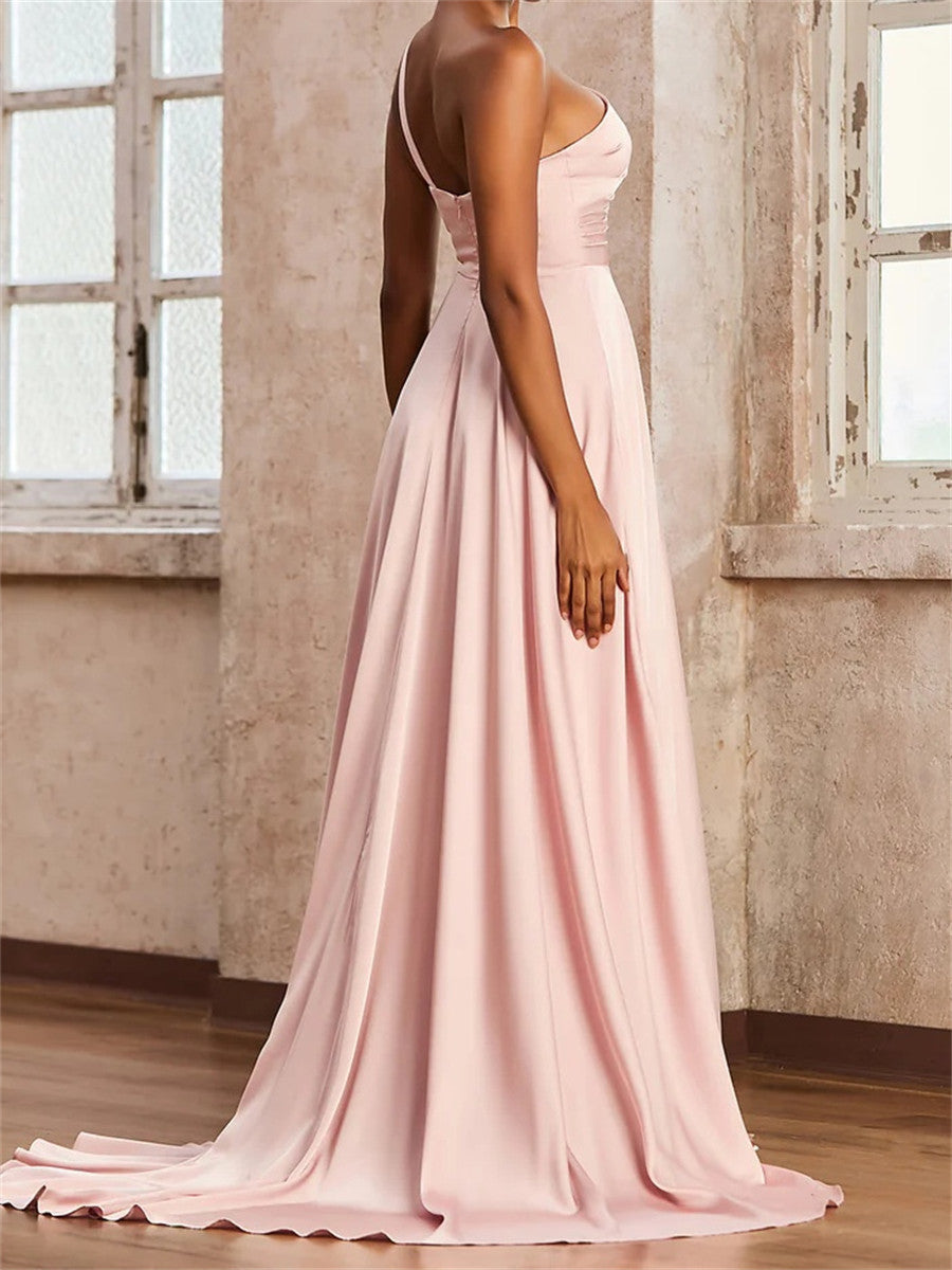 A-line/Princess One-Shoulder Ruffles Sweep Train Silk Like Satin Corset Bridesmaid Dress