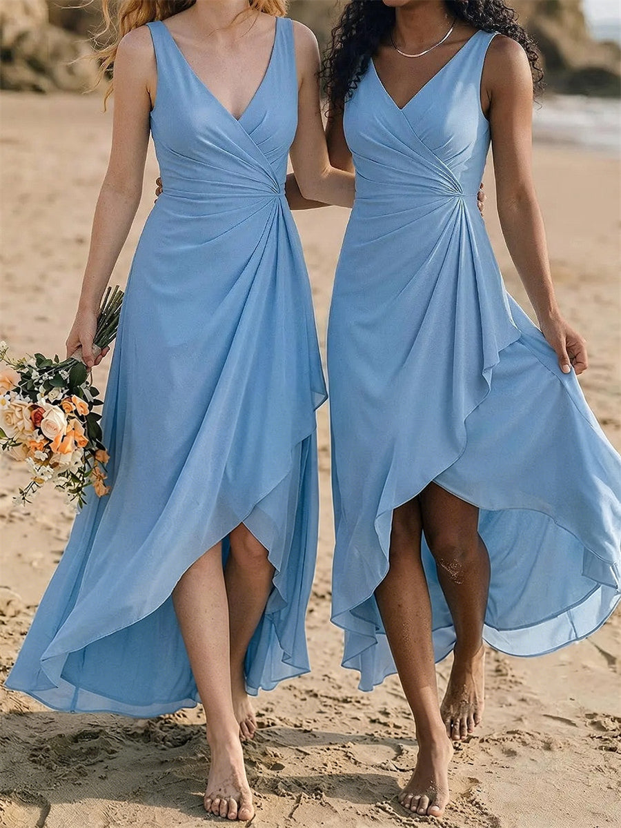A-line/Princess V-neck Ruffles Asymmetrical Chiffon Corset Bridesmaid Dress