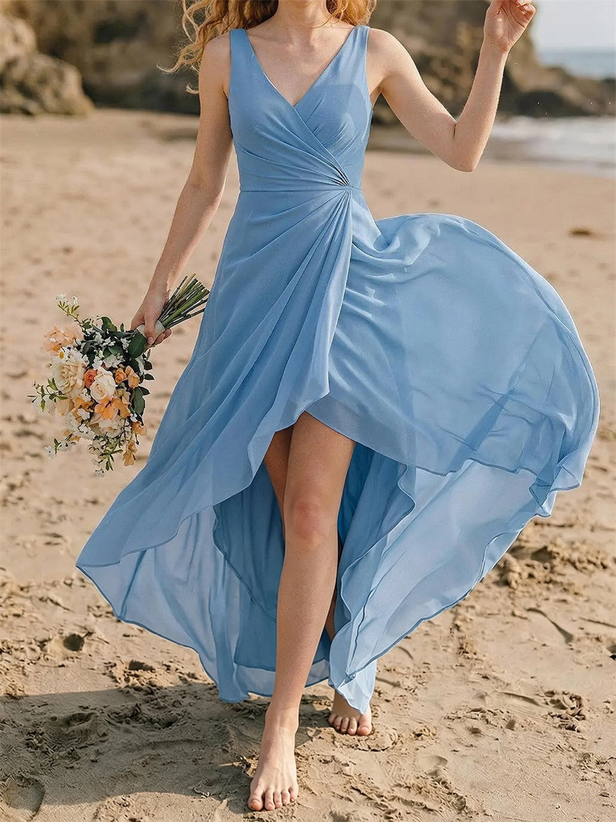 A-line/Princess V-neck Ruffles Asymmetrical Chiffon Corset Bridesmaid Dress