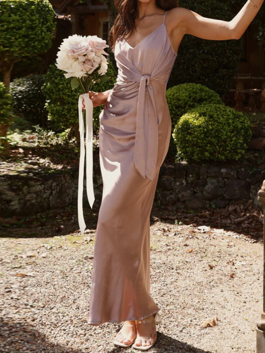 Sheath/Column Spaghetti Straps Pleated Sweep Train Silk Like Satin Corset Bridesmaid Dress