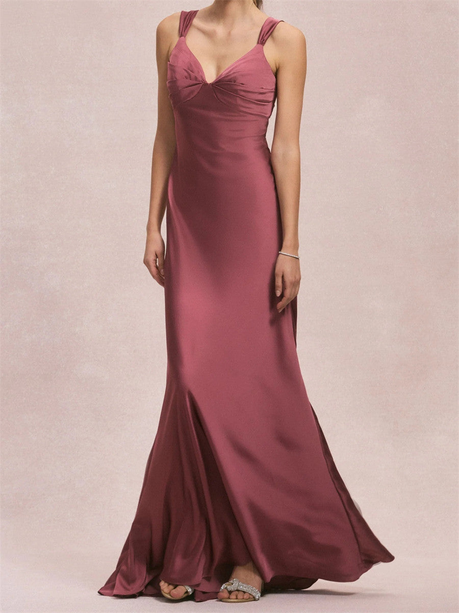 Sheath/Column V-neck Ruffles Sweep Train Silk Like Satin Corset Bridesmaid Dress