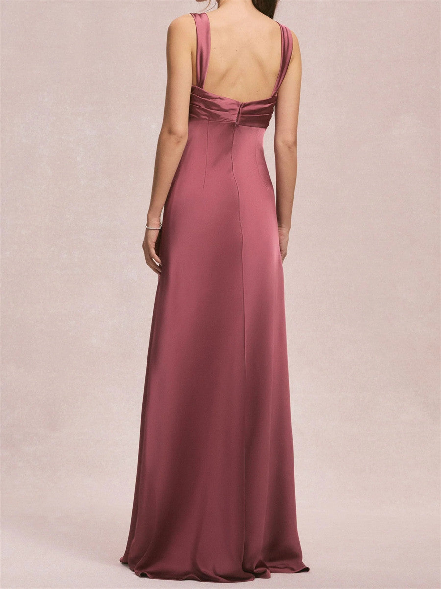 Sheath/Column V-neck Ruffles Sweep Train Silk Like Satin Corset Bridesmaid Dress