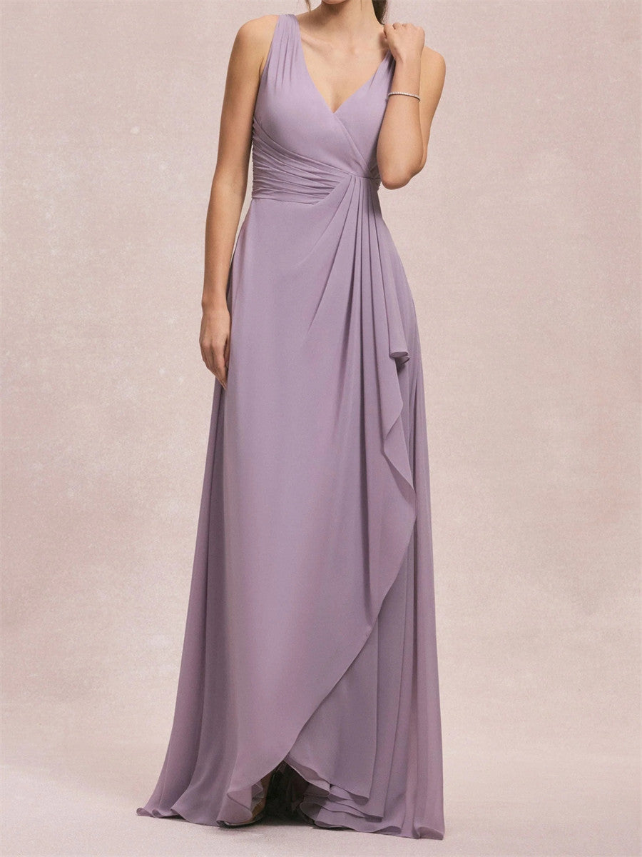 Sheath/Column V-neck Pleated Sweep Train Chiffon Corset Bridesmaid Dress