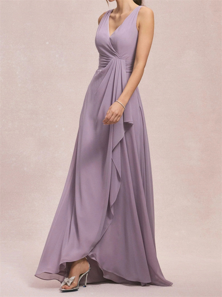 Sheath/Column V-neck Pleated Sweep Train Chiffon Corset Bridesmaid Dress