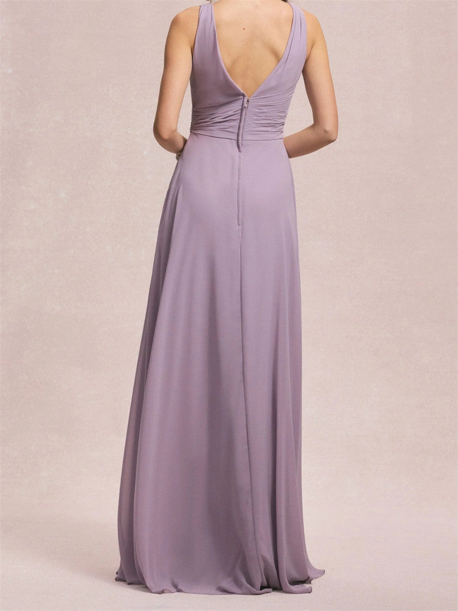 Sheath/Column V-neck Pleated Sweep Train Chiffon Corset Bridesmaid Dress