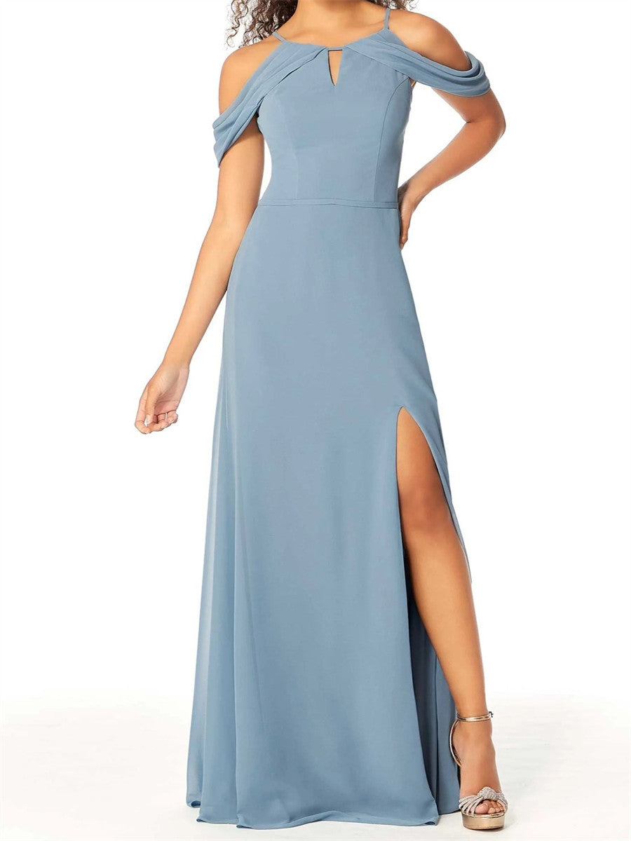 Sheath/Column Cold Shoulder Pleated Sweep Train Chiffon Corset Bridesmaid Dress