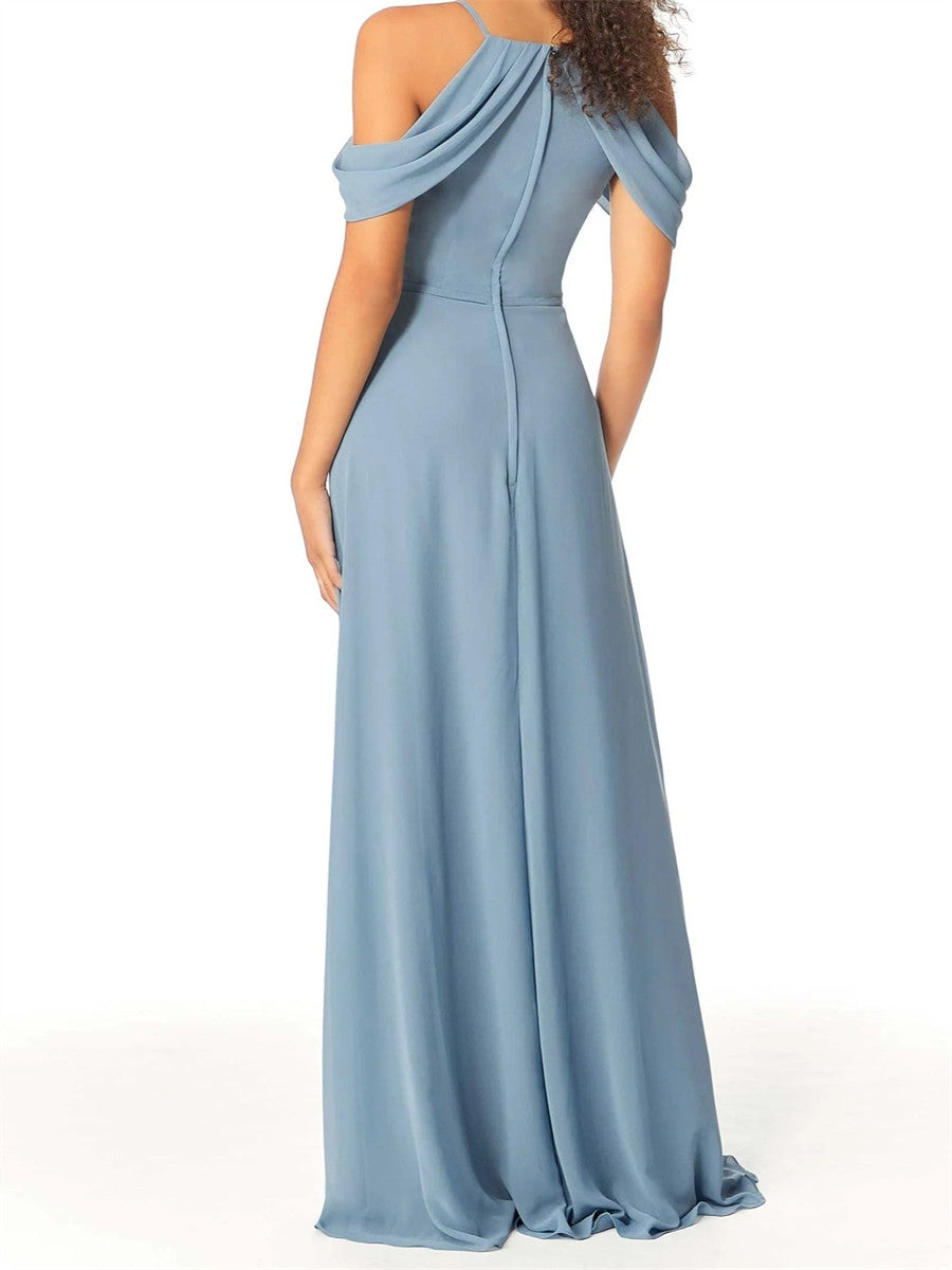 Sheath/Column Cold Shoulder Pleated Sweep Train Chiffon Corset Bridesmaid Dress