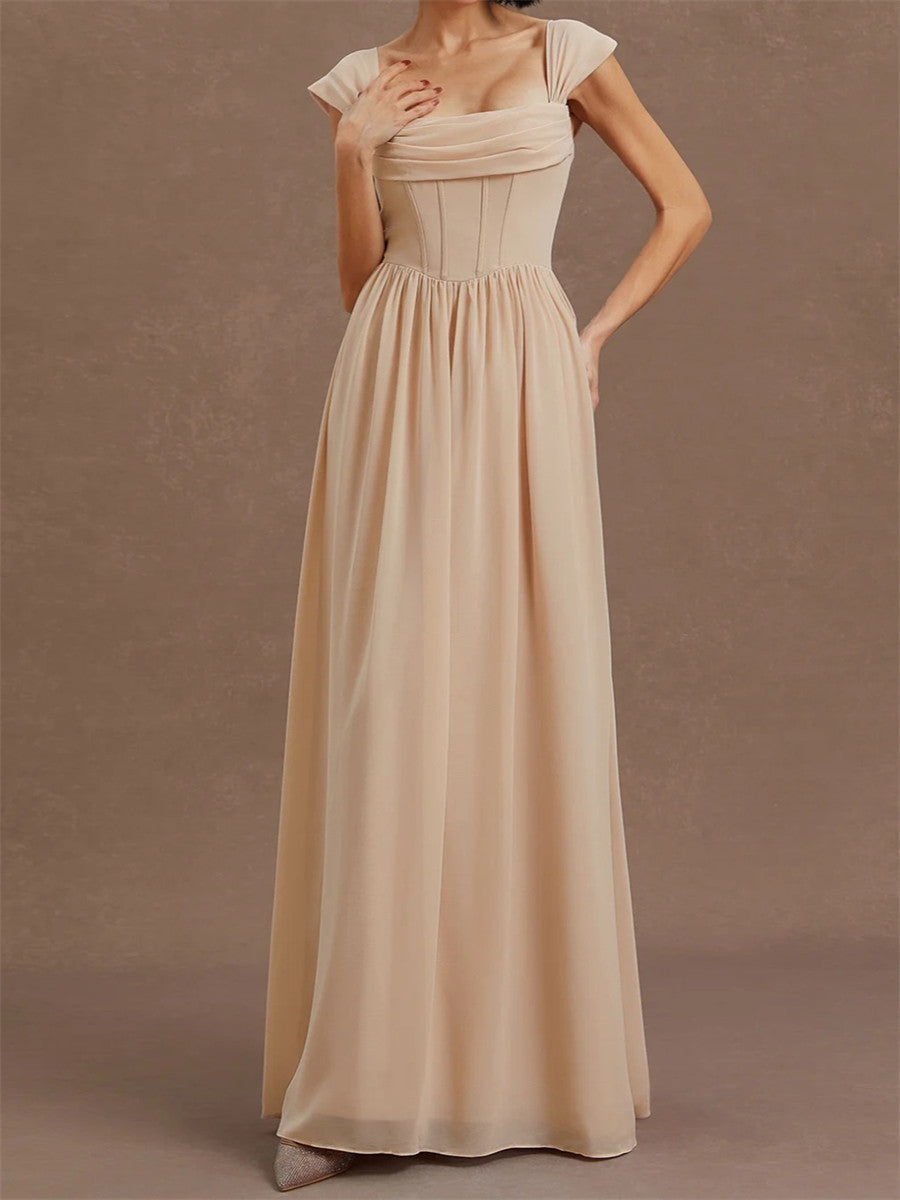 A-line/Princess Square Pleated Floor-Length Chiffon Corset Bridesmaid Dress