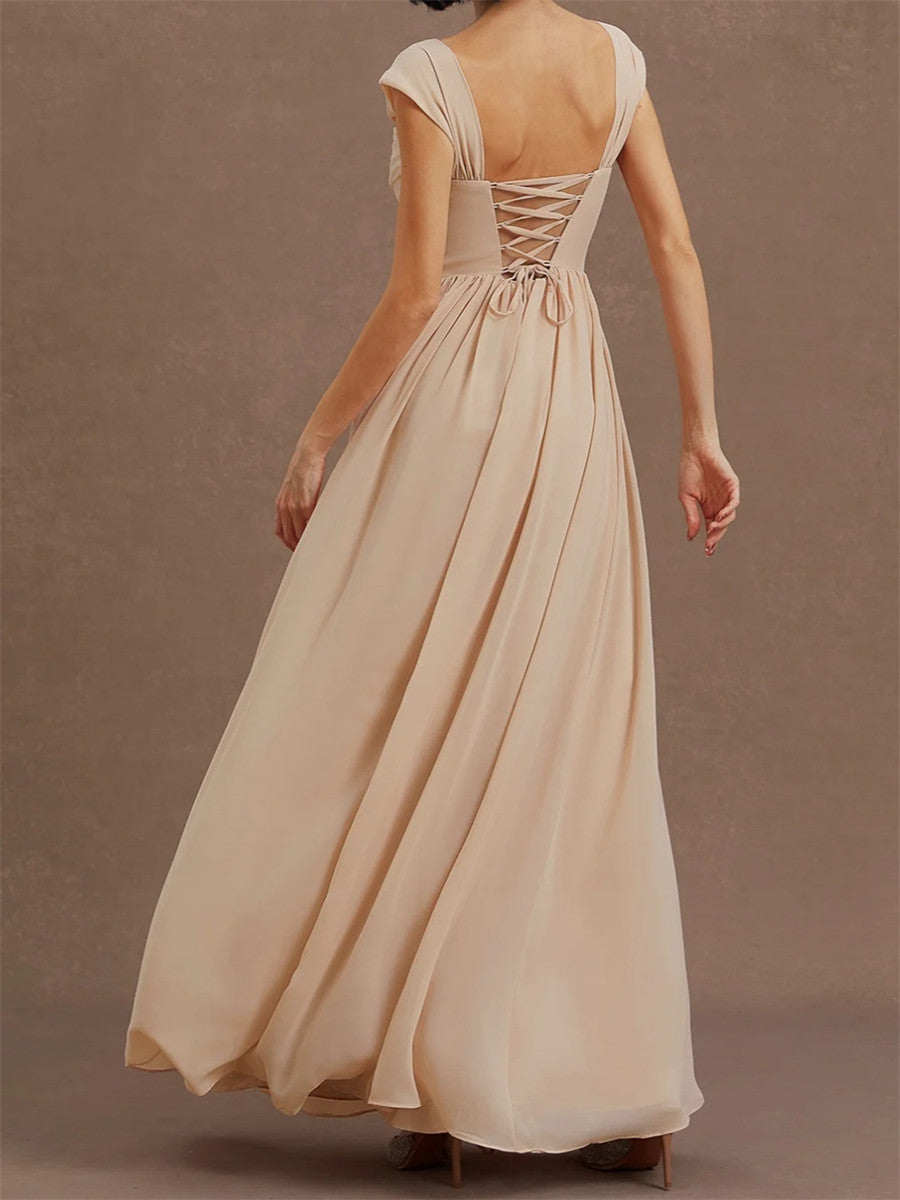 A-line/Princess Square Pleated Floor-Length Chiffon Corset Bridesmaid Dress