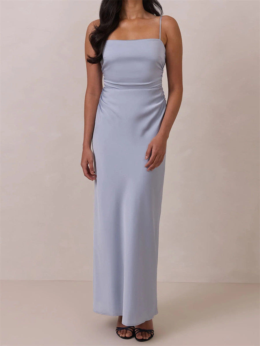 Sheath/Column Square Bow Sweep Train Charmeuse Corset Bridesmaid Dress