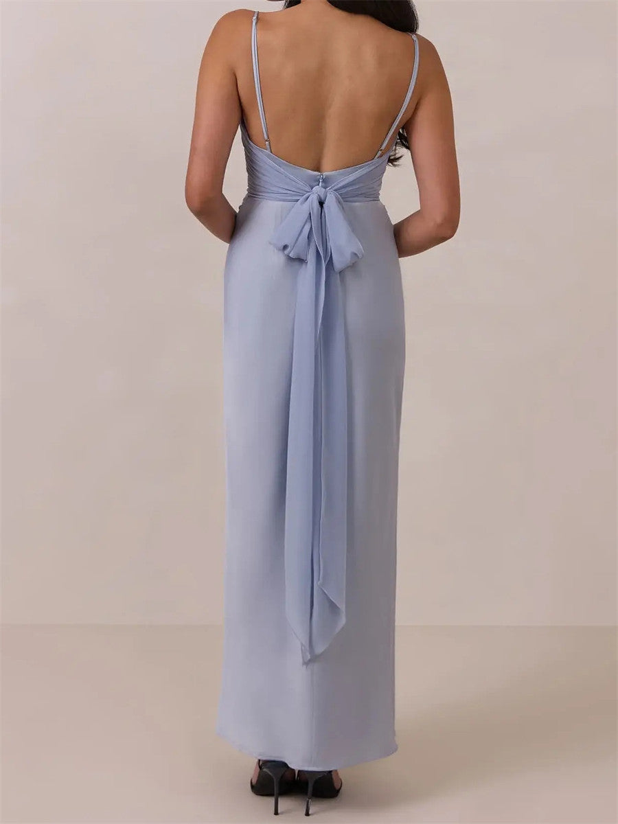 Sheath/Column Square Bow Sweep Train Charmeuse Corset Bridesmaid Dress