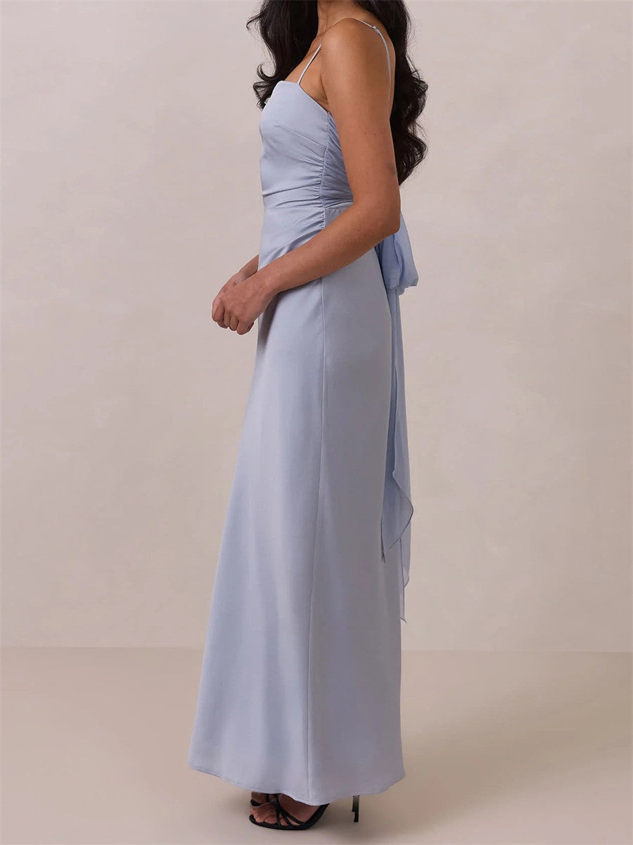 Sheath/Column Square Bow Sweep Train Charmeuse Corset Bridesmaid Dress