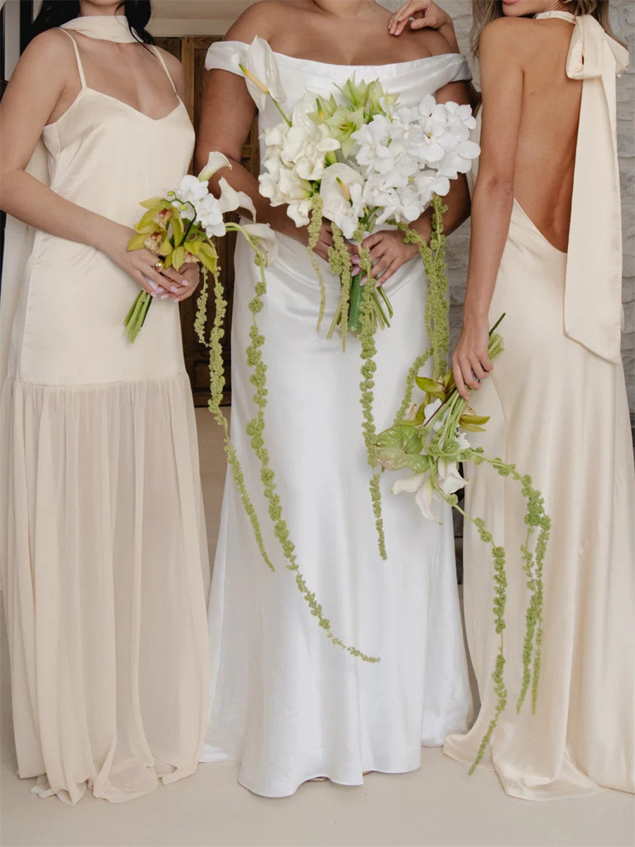 Sheath/Column Spaghetti Straps Bow Sweep Train Silk Like Satin Bridesmaid Dress