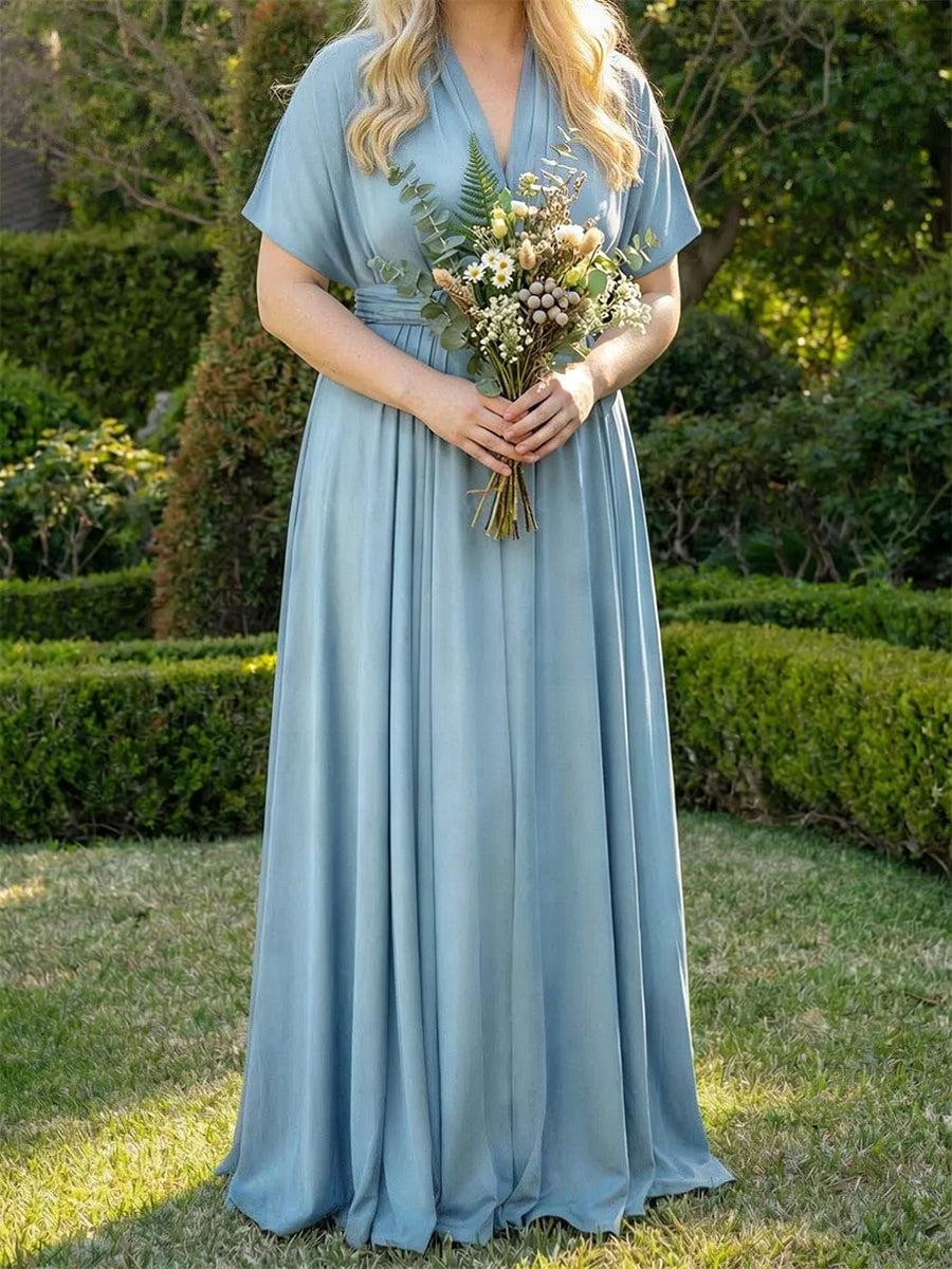 A-line/Princess V-neck Short Sleeves Ruffles Floor-Length Chiffon Bridesmaid Dress