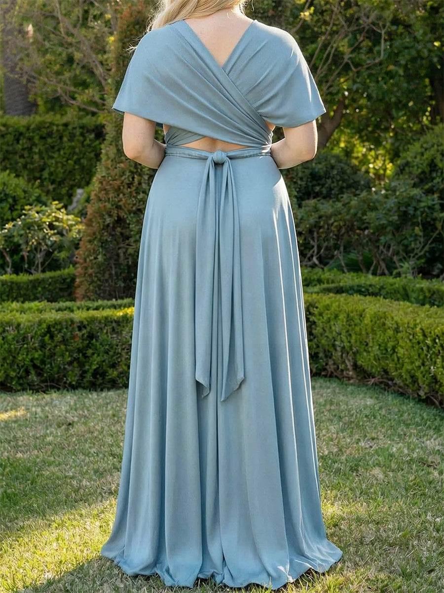 A-line/Princess V-neck Short Sleeves Ruffles Floor-Length Chiffon Bridesmaid Dress