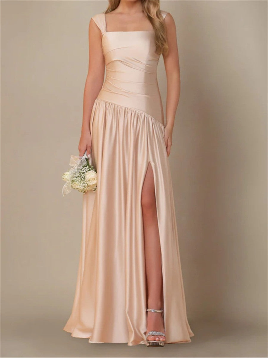 Sheath/Column Square Ruffles Floor-Length Bridesmaid Dress