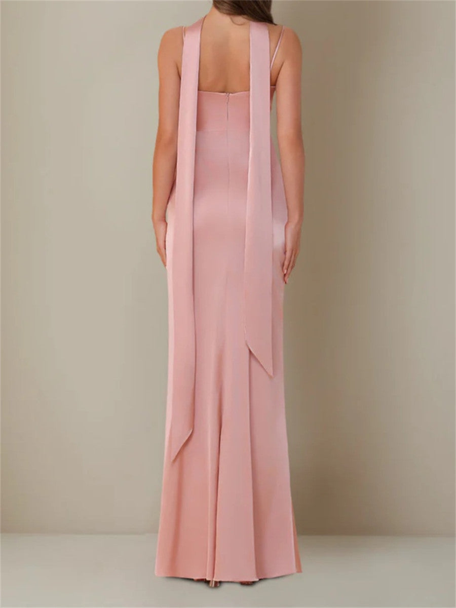 Sheath/Column Spaghetti Straps Pleated Floor-Length Silk Like Satin Corset Bridesmaid Dress