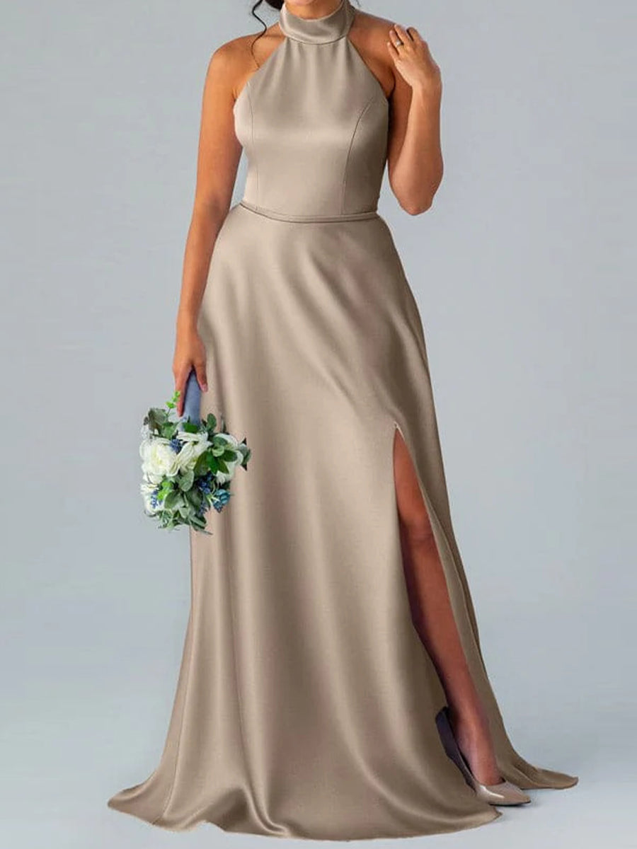 A-line/Princess High Neck Sweep Train Silk Like Satin Corset Bridesmaid Dress
