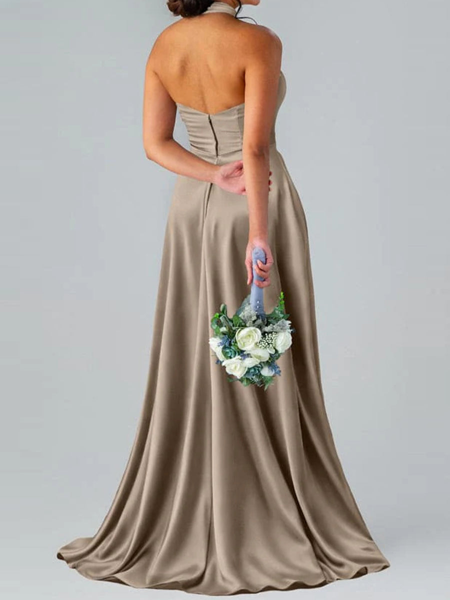 A-line/Princess High Neck Sweep Train Silk Like Satin Corset Bridesmaid Dress