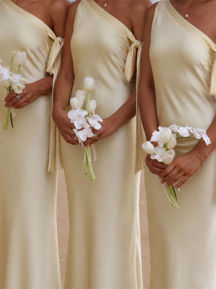 Sheath/Column One-Shoulder Bow Sweep Train Silk Like Satin Bridesmaid Dress