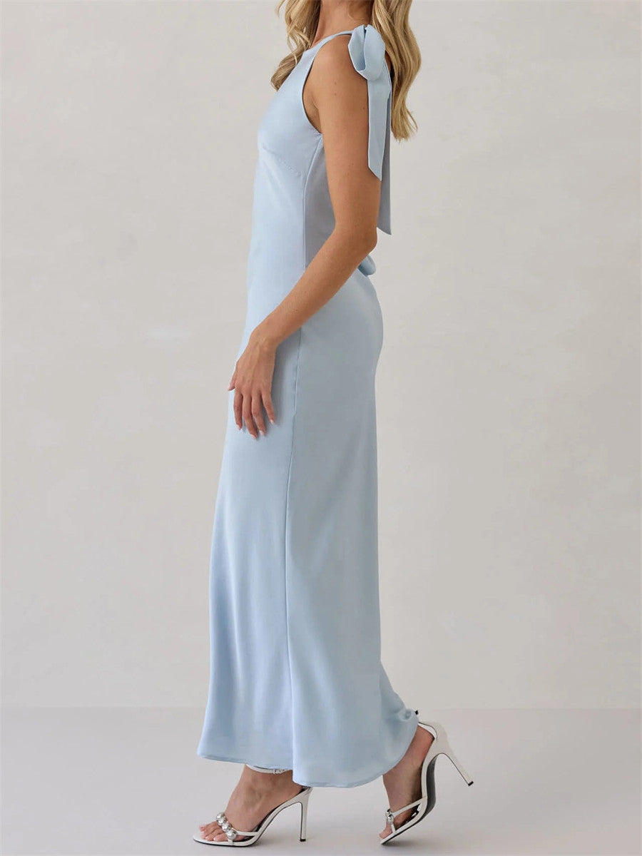 Sheath/Column Scoop Bow Ankle-Length Stretch Crepe Bridesmaid Dress