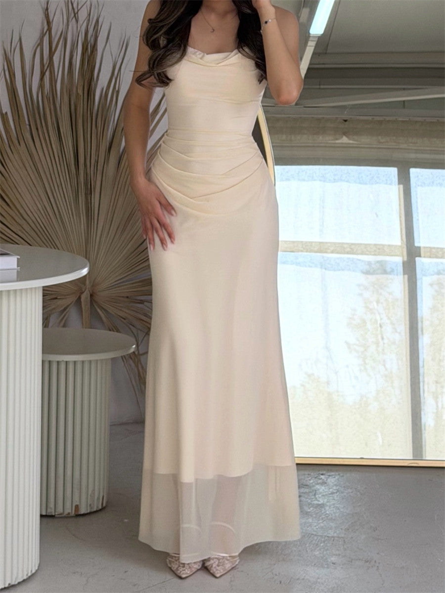 Sheath/Column Spaghetti Straps Pleated Floor-Length Chiffon Corset Bridesmaid Dress