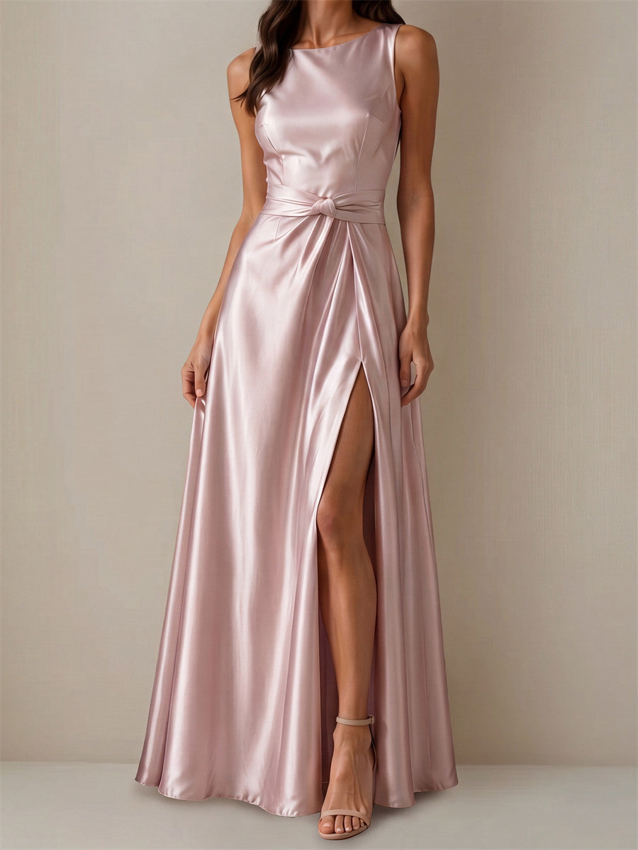 A-line/Princess Scoop Ruffles Floor-Length Silk Like Satin Corset Bridesmaid Dress