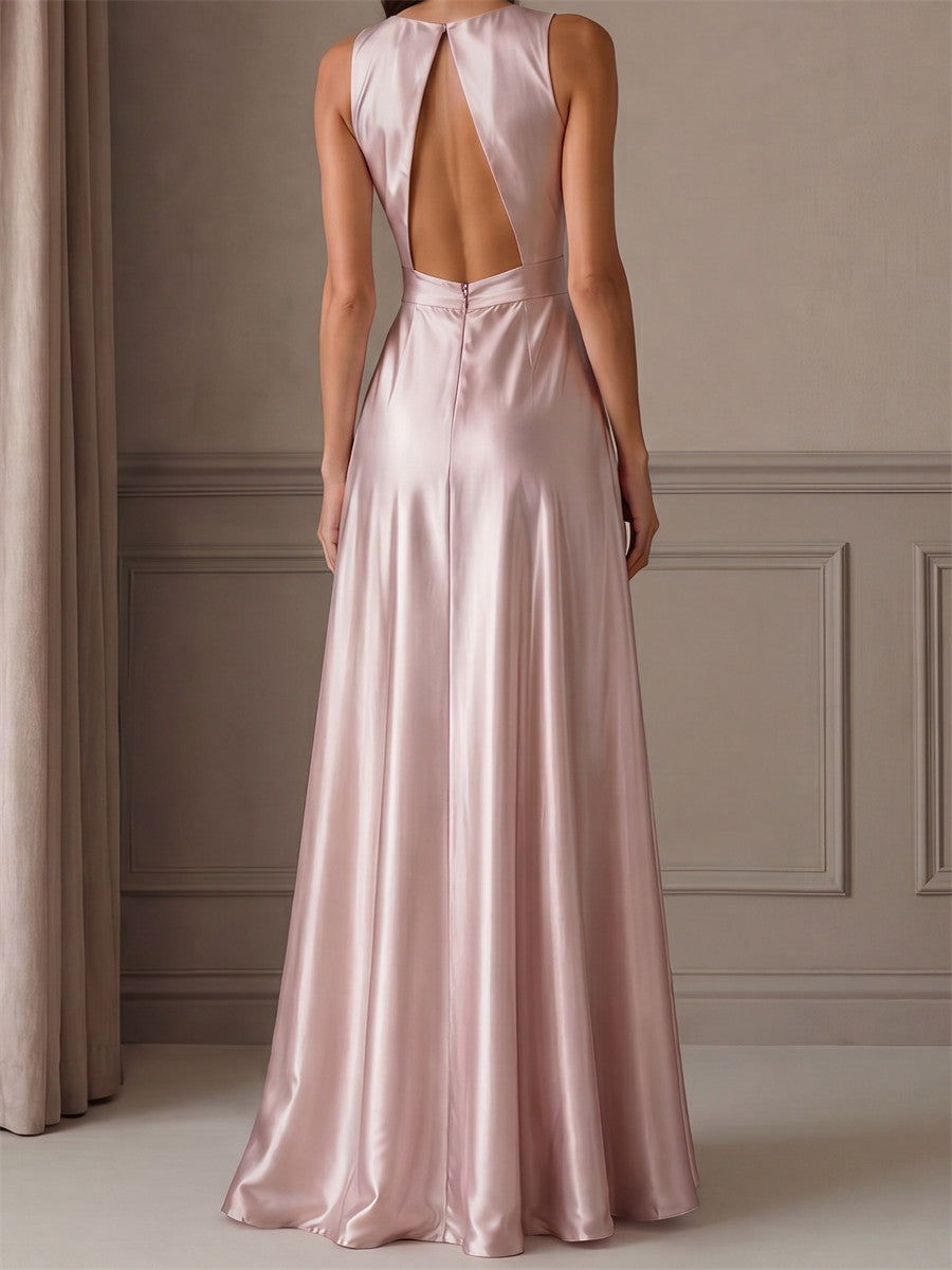 A-line/Princess Scoop Ruffles Floor-Length Silk Like Satin Corset Bridesmaid Dress