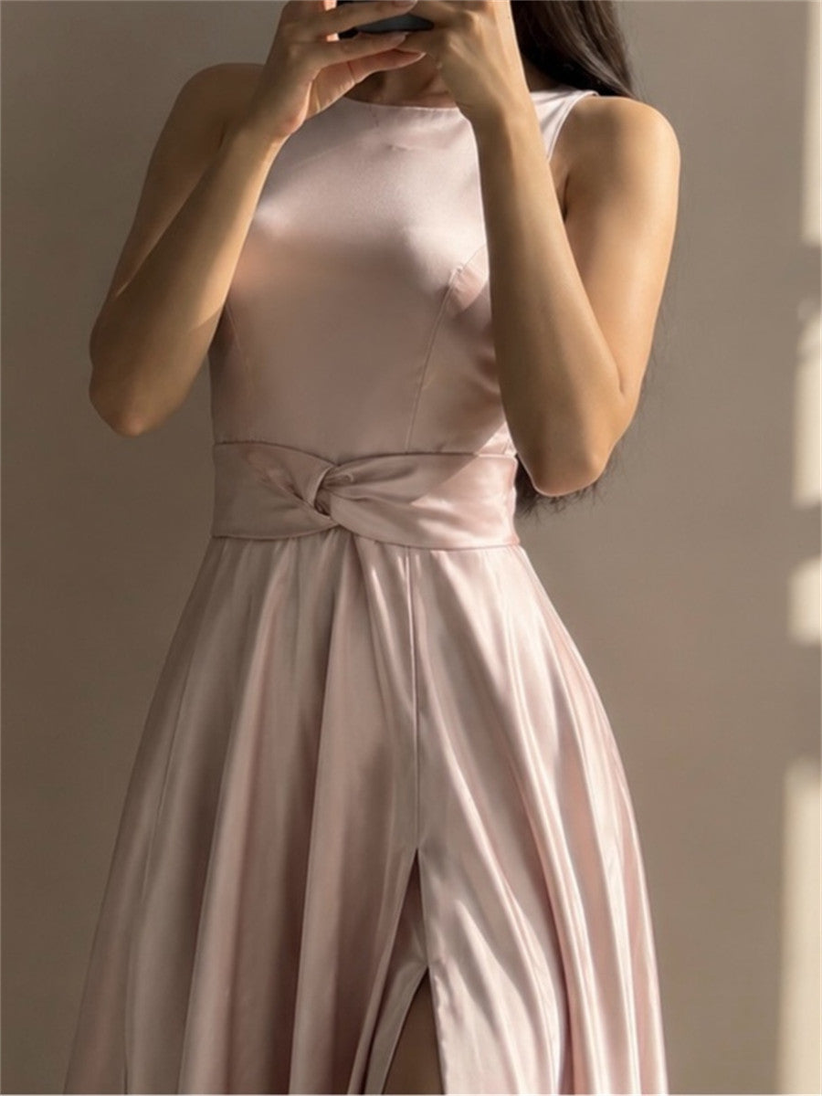 A-line/Princess Scoop Ruffles Floor-Length Silk Like Satin Corset Bridesmaid Dress