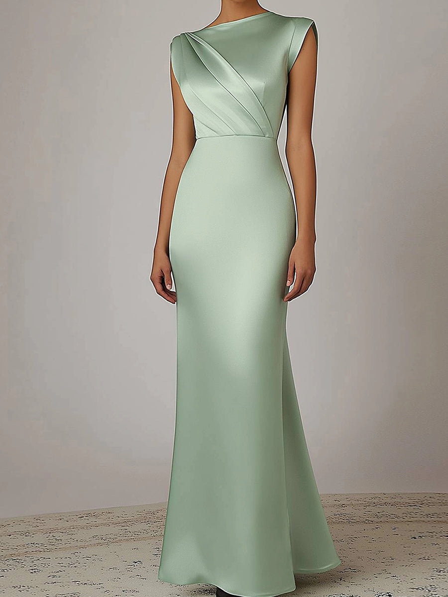 Sheath/Column Scoop Pleated Sweep Train Satin Corset Bridesmaid Dress