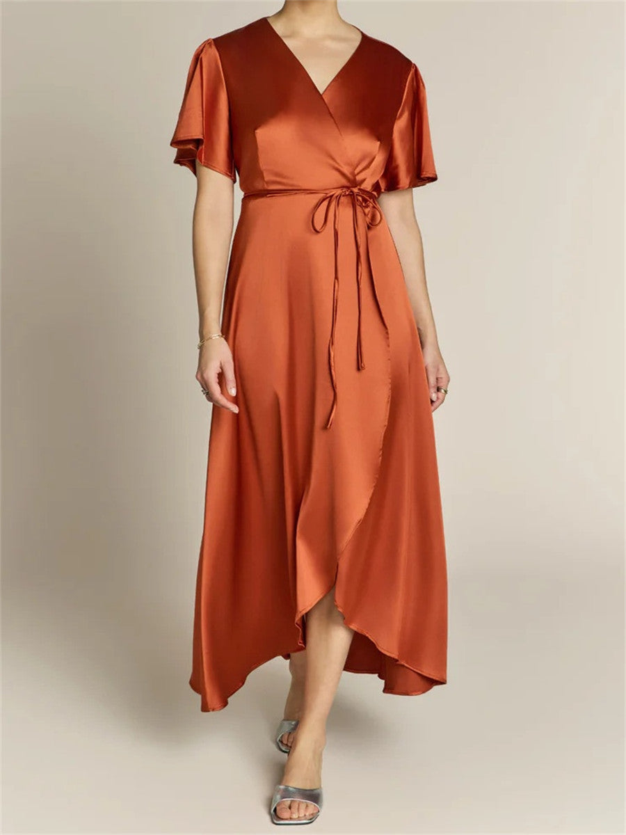 A-line/Princess V-neck Short Sleeves Ankle-Length Silk Like Satin Corset Bridesmaid Dress