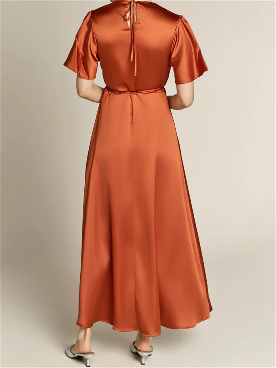 A-line/Princess V-neck Short Sleeves Ankle-Length Silk Like Satin Corset Bridesmaid Dress