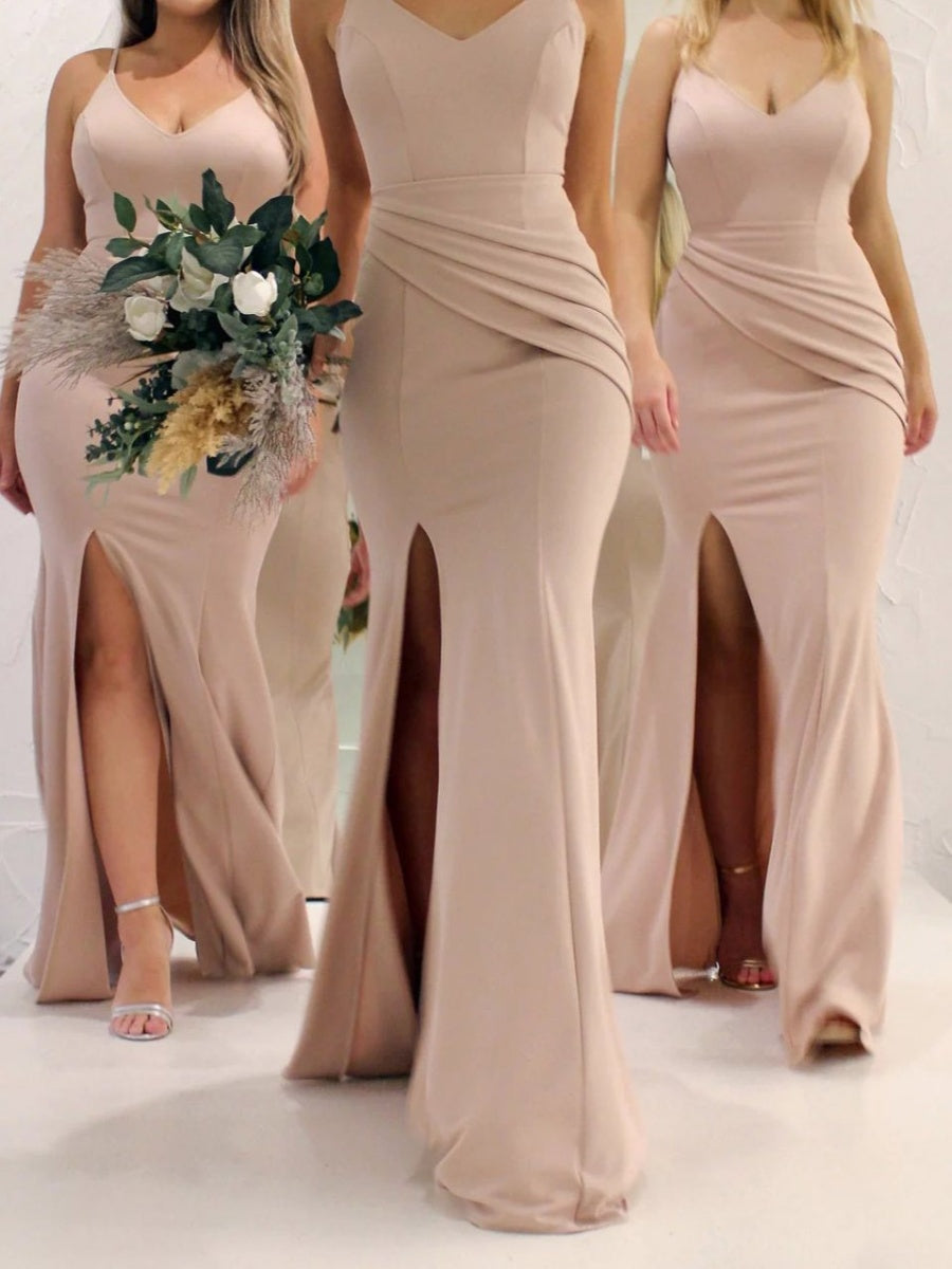 Sheath Spaghetti Straps Pleated Sweep Train Stretch Crepe Bridesmaid Dress