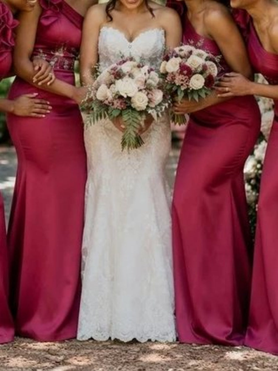 Sheath One-Shoulder Ruffles Sweep Train Silk Like Satin Corset Bridesmaid Dress