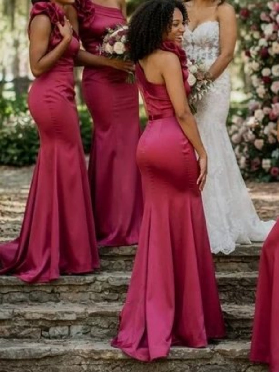 Sheath One-Shoulder Ruffles Sweep Train Silk Like Satin Corset Bridesmaid Dress