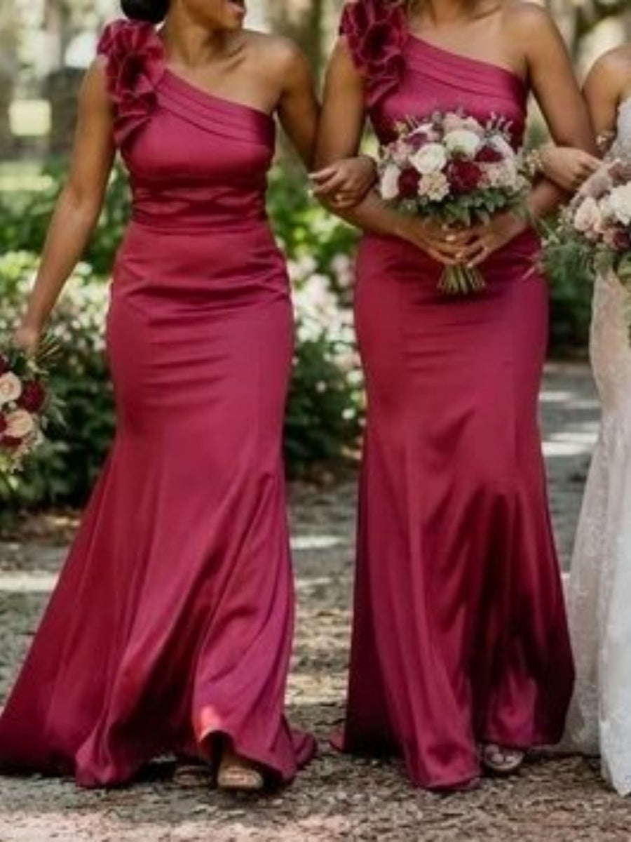 Sheath One-Shoulder Ruffles Sweep Train Silk Like Satin Corset Bridesmaid Dress