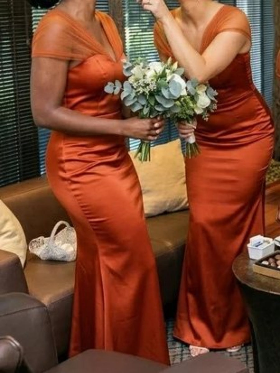 Sheath V-neck Floor-Length Silk Like Satin Corset Bridesmaid Dress