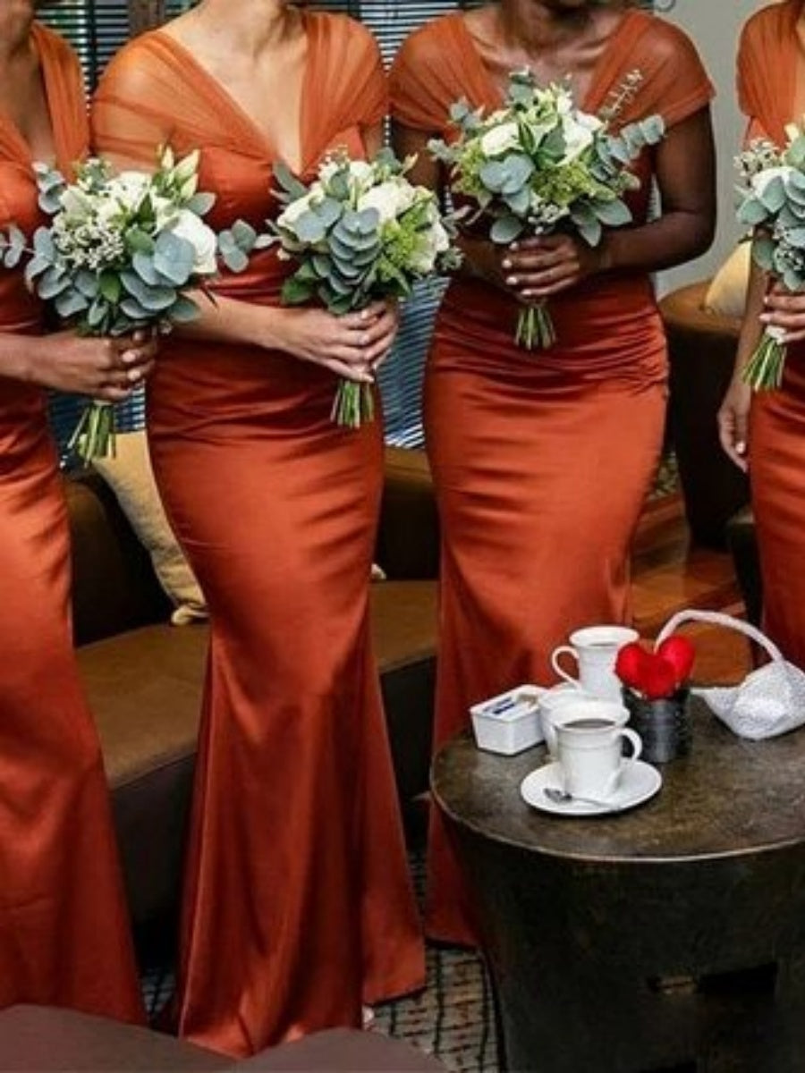 Sheath V-neck Floor-Length Silk Like Satin Corset Bridesmaid Dress
