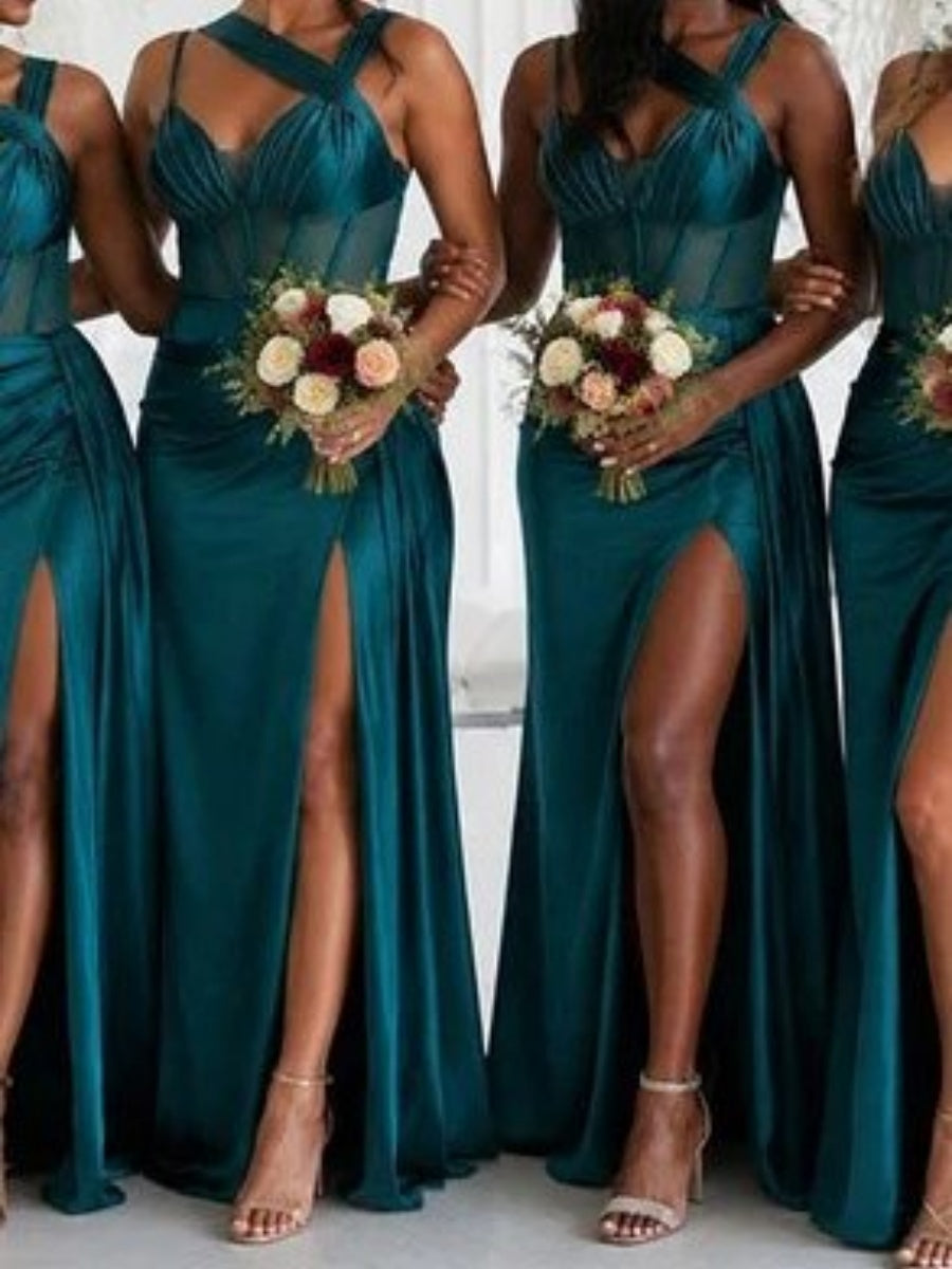 Sheath Sweetheart Ruffles Sweep Train Silk Like Satin Corset Bridesmaid Dress