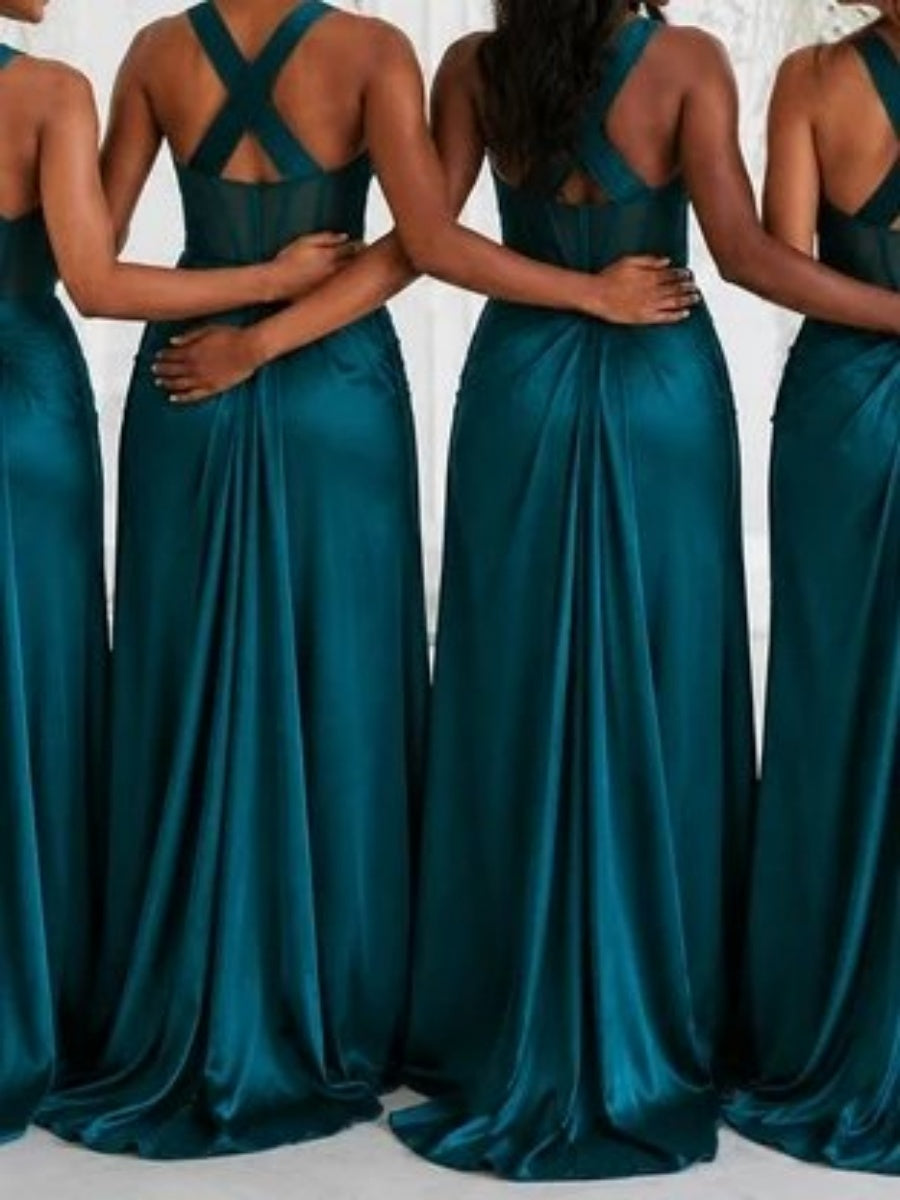 Sheath Sweetheart Ruffles Sweep Train Silk Like Satin Corset Bridesmaid Dress