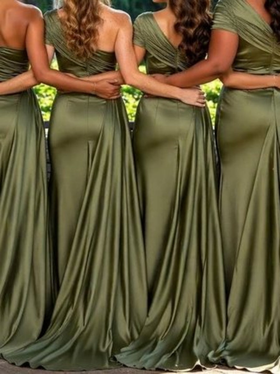 Sheath One-Shoulder Ruffles Sweep Train Silk Like Satin Corset Bridesmaid Dress