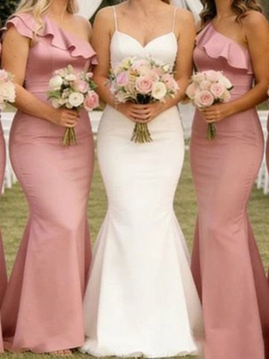 Sheath One-Shoulder Ruffles Sweep Train Silk Like Satin Corset Bridesmaid Dress