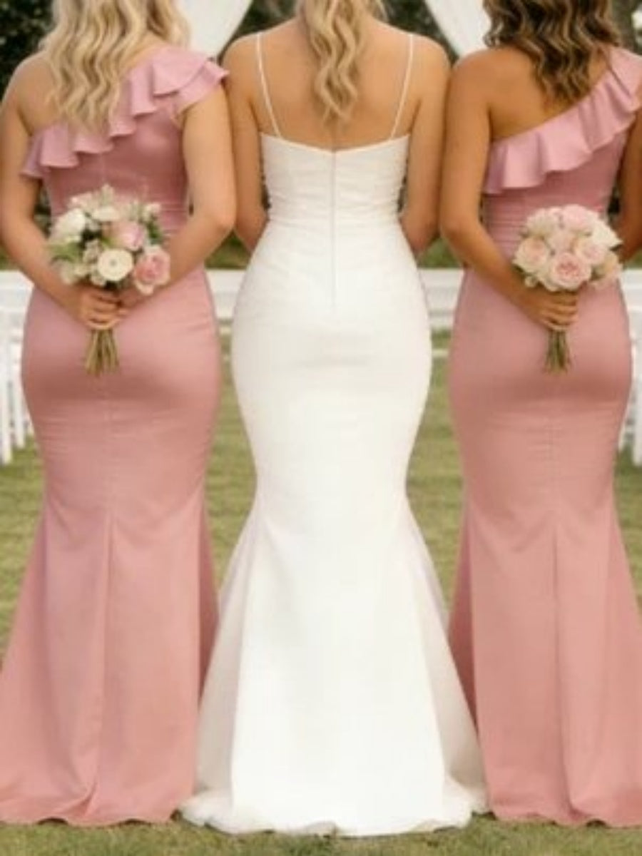 Sheath One-Shoulder Ruffles Sweep Train Silk Like Satin Corset Bridesmaid Dress