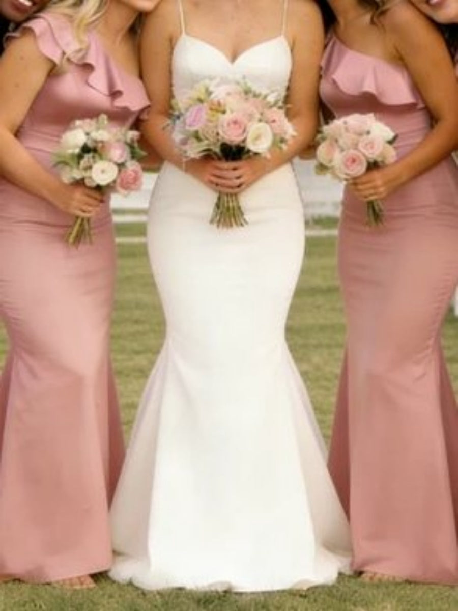 Sheath One-Shoulder Ruffles Sweep Train Silk Like Satin Corset Bridesmaid Dress
