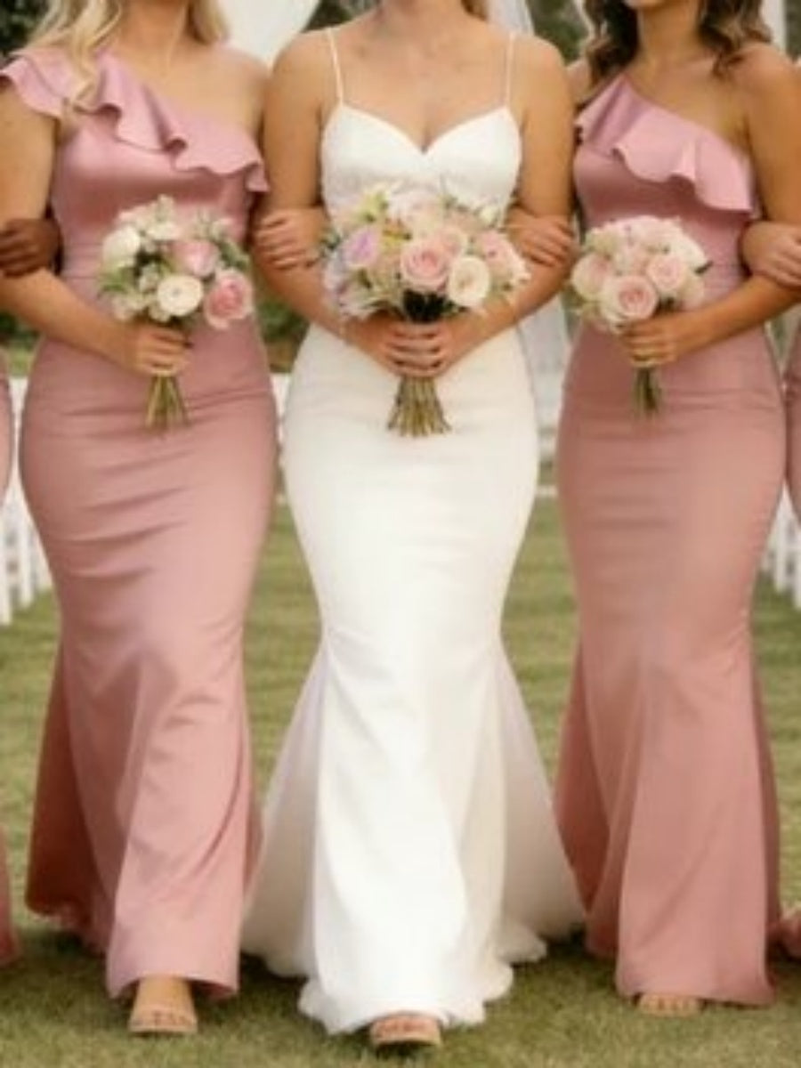 Sheath One-Shoulder Ruffles Sweep Train Silk Like Satin Corset Bridesmaid Dress